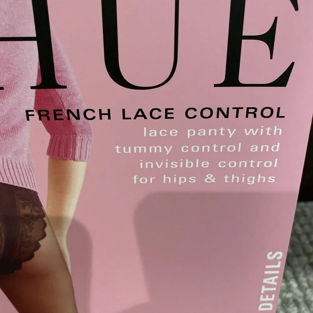 1 PR Hue Sexy Vintage French Lace Panty Control Top‎ Sheer Black Hose Size 1 NIP